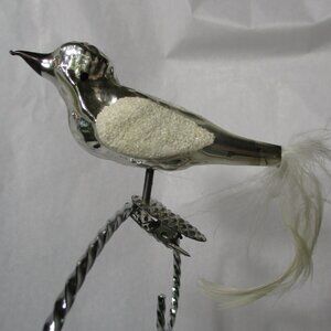 Vintage Small Silver Blown Glass Bird  Clip-On Christmas Holiday Tree Ornament